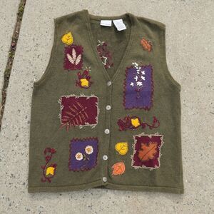 Vintage Bobbie Brooks Autumn Leaf Patch Sweater Vest L Cottagecore Knit Fairy